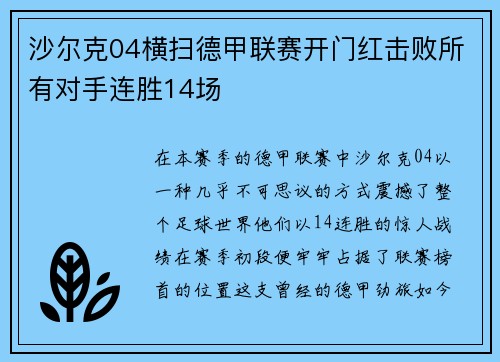 沙尔克04横扫德甲联赛开门红击败所有对手连胜14场