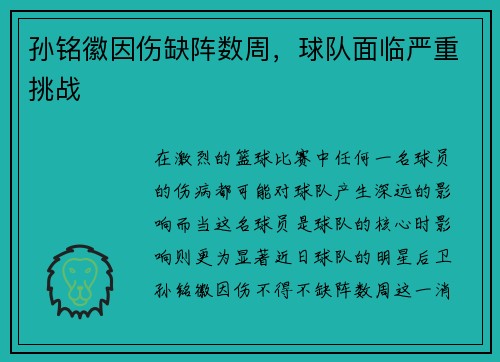 孙铭徽因伤缺阵数周，球队面临严重挑战